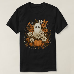 T-shirt Joli Fantôme avec Citrouille et Fleurs d'Automne –