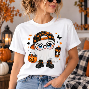 T-shirt Joli fantôme d'Halloween avec café et citrouille