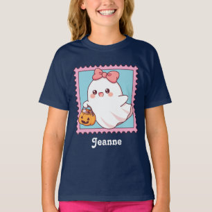 T-shirt Joli fantôme d'Halloween avec nœud coquette rose p