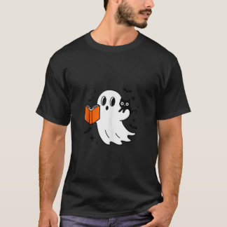 T-shirt Joli fantôme d'Halloween Lire un livre avec chat n