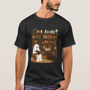 T-shirt Joli fantôme lisant avec un chat noir Cozy Hallowe