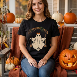 T-shirt joli fantôme sur balançoire avec nœud Halloween fe