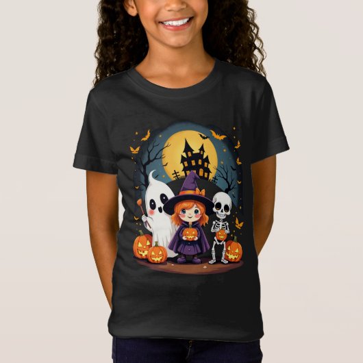 T-Shirt Joli Halloween Enfants Tee Ghost Witch Squelette (Devant)