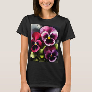 T-shirt Joli marron noir rouge pansies aquarelle peinture
