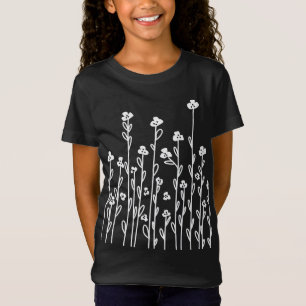 T-Shirt Joli noir blanc doodé fleurs sauvages floraux