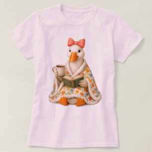 T-shirt Joli Oie Livresque Buvant du Café avec Ruban Autom