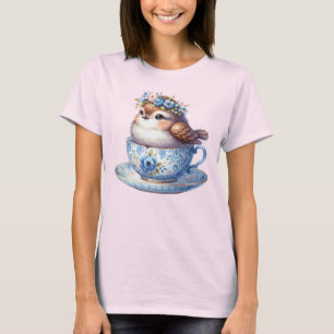 T-shirt Joli Oiseau dans une Tasse à Thé Florale Art Cotta