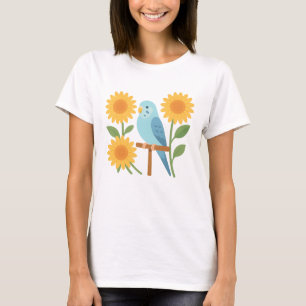 T-shirt Joli Parakeet Bleu Fleurs de soleil Floral Oiseau 