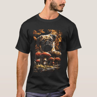 T-shirt Joli Pug avec feuilles d'automne Champignons Chien