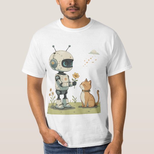 T-shirt Joli Robot Offrant une Fleur à un Chat, une Illust (Devant)