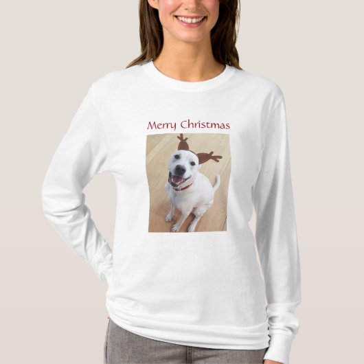 T-shirt Joli sourire blanc renne chien Noël (Devant)