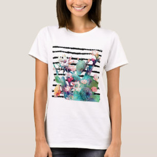 T-shirt Jolie aquarelle Cactus Floral Black Stripes