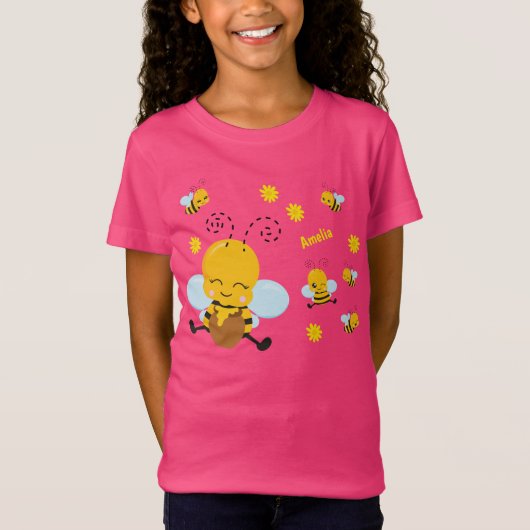 T-Shirt Jolie Bumble Bee avec Fleurs Rose (Devant)
