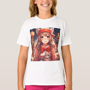 T-shirt Jolie Fille d'Anime Tenant un Chaton Noël