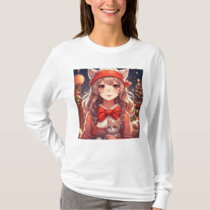 T-shirt Jolie fille d'anime tenant un chaton Noël