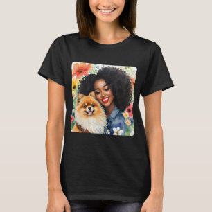 T-shirt Jolie fille noire avec Poméranie Fleur de chien