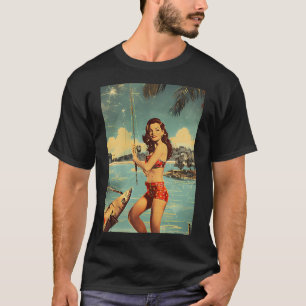 T-shirt Jolie fille rétro pêchant