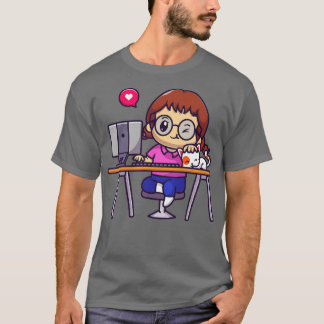 T-shirt Jolie Fille Travaillant Sur Ordinateur Avec Chat D