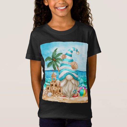 T-Shirt Jolie Gnome D'Été Sur La Mer Avec Château De Sable (Devant)