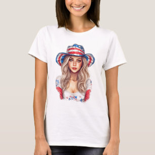 T-SHIRT JOLIE PATRIOTIQUE BLONDE HAÏE CASQUETTE DE COWBOY