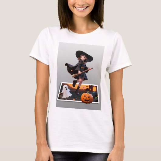 T-shirt Jolie sorcière d'Halloween volant sur Broomstick (Devant)