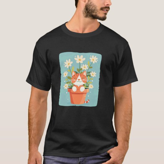 T-shirt Jolies fleurs blanches avec chat en costume de pot (Devant)