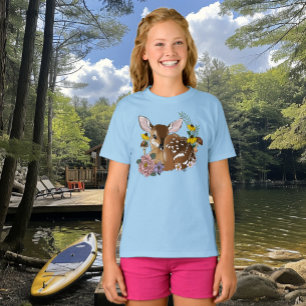 T-shirt Jolies Fleurs Sauvages Faon Bleu Bébé Cerf Forêt