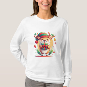 T-shirt Jolis rennes de Noël tenant un cadeau