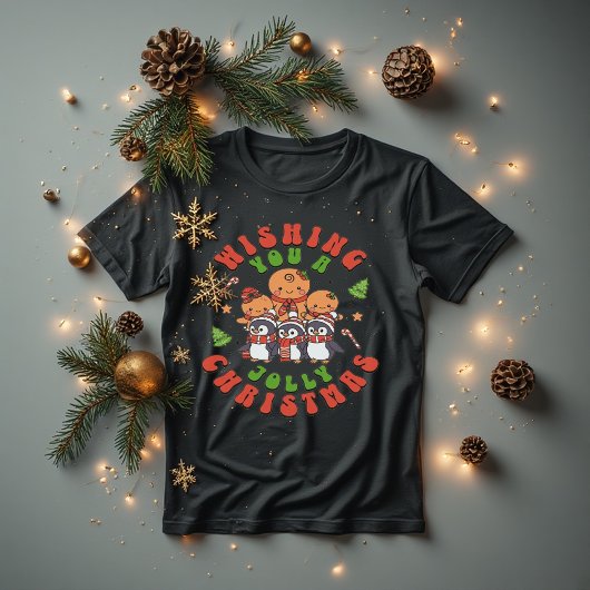 T-shirt Jolly Christmas Cute Gingerbread & Penguin