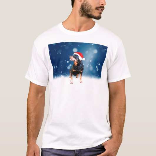 T-shirt Jote Rottweiler Chien Noël Santa Hat Étoiles de ne (Devant)
