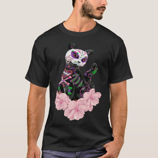 T-shirt Jour De La Morte Crâne Chat Fleurs Roses Pullo (Devant)