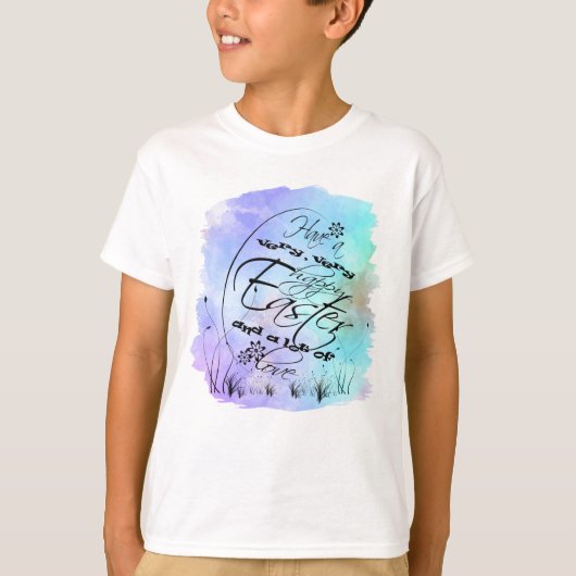 T-shirt Joyeuse calligraphie bleu de Pâques violet (Devant)