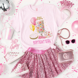 T-shirt Joyeuse Fille D'anniversaire Fête De Gâteau Floral