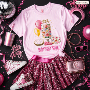 T-shirt Joyeuse Fille D'anniversaire Fête De Gâteau Floral