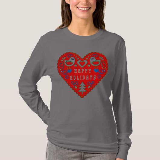 T-shirt Joyeuses fêtes rouges Festive Folk Art Heart (Devant)