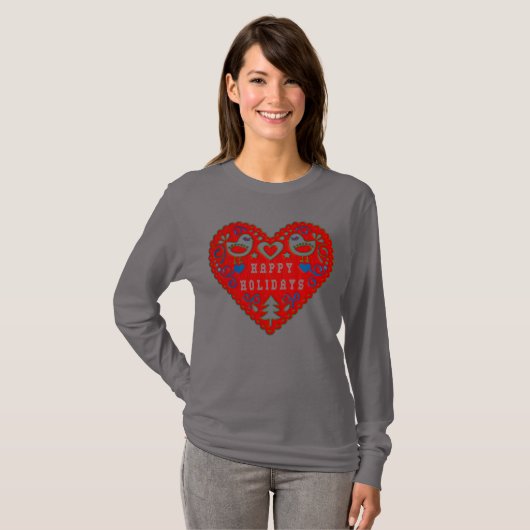 T-shirt Joyeuses fêtes rouges Festive Folk Art Heart (Devant entier)
