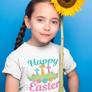 T-shirt Joyeuses Fleurs de Pâques Croix Chrétienne Enfants