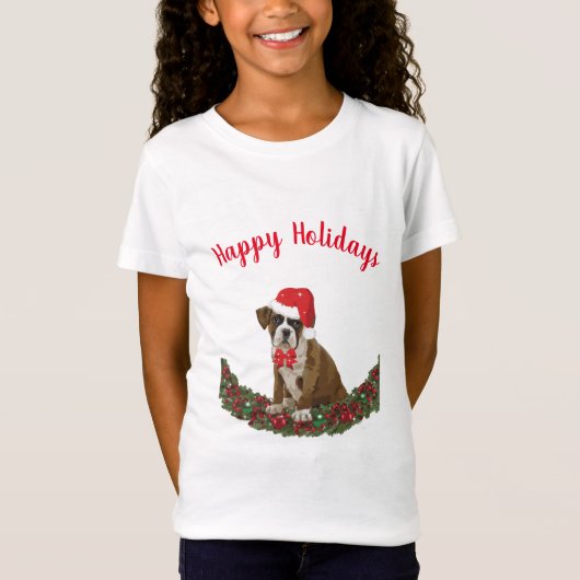 T-Shirt Joyeuses vacances Boxer Chien Santa Hat Mignonne (Devant)
