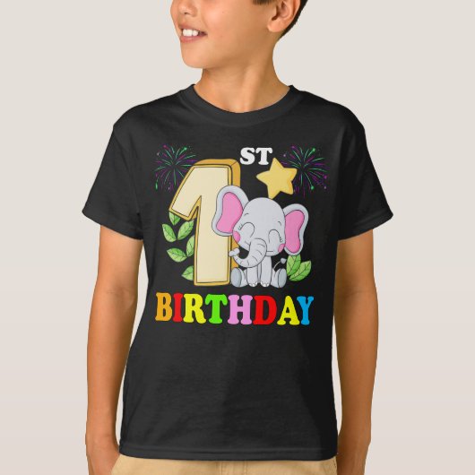 T-shirt Joyeux 1er anniversaire garçon bébé éléphant enfan (Devant)