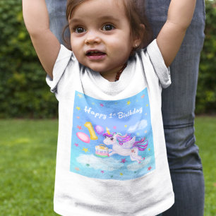 T-Shirt Joyeux 1er Anniversaire Licorne avec Gâteau d'Anni