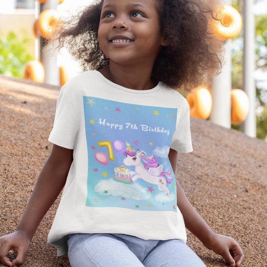 T-Shirt Joyeux 7e anniversaire Unicorne avec gâteau d'anni