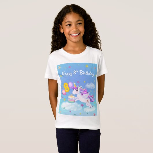 T-Shirt Joyeux 8 Anniversaire Unicorne avec gâteau d'anniv (Devant entier)