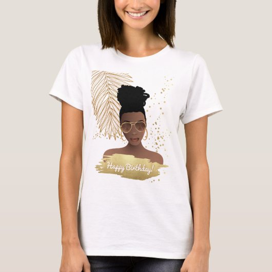T-shirt Joyeux Anniversaire, Femme noire, Feuille d'or tro (Devant)