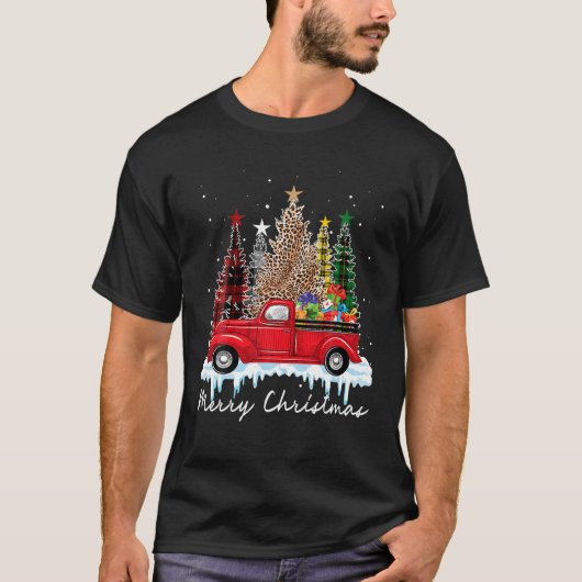 T-shirt Joyeux arbre de Noël Leopard Plaid Camion vert rou (Devant)