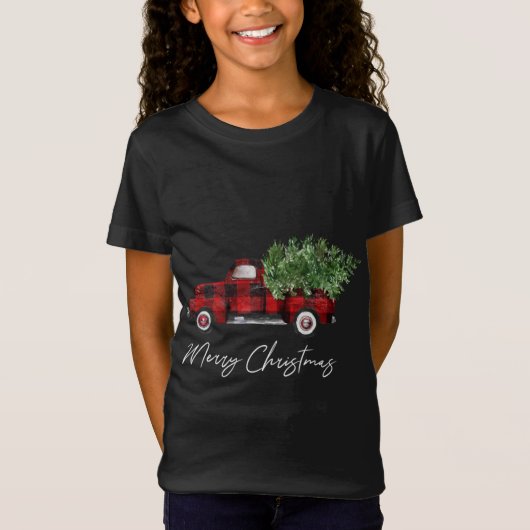 T-Shirt Joyeux Buffalo de Noël Plaid Camion Arbre Rouge (Devant)