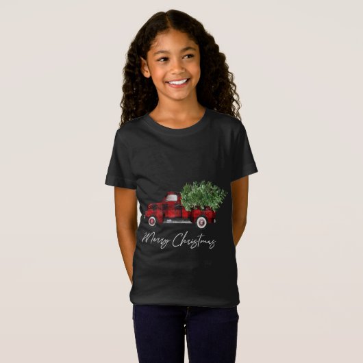 T-Shirt Joyeux Buffalo de Noël Plaid Camion Arbre Rouge (Devant entier)