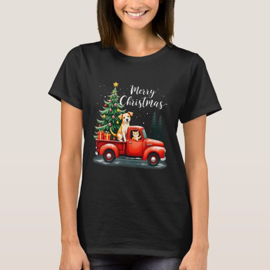 T-shirt Joyeux Camion Rouge Noël Avec Chien & Chat Noë (Devant)