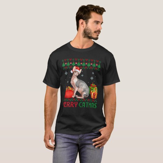 T-shirt Joyeux Catmas Chat Laid Noël Sphynx Maman Papa (Devant entier)