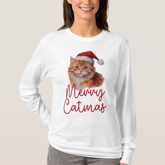 T-shirt Joyeux Catmas Joli Noël Chat Femme Long Manche (Devant)