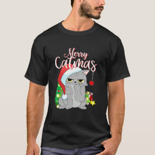 T-shirt Joyeux Catmas Santa Chapeau Grey Chat Drôle Noël M